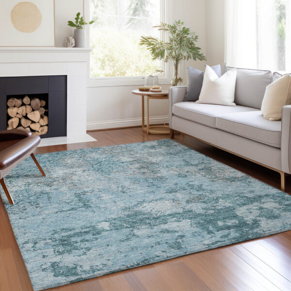 9' X 12' Teal Blue Aqua And Gray Floral Washable Indoor Outdoor Area Rug