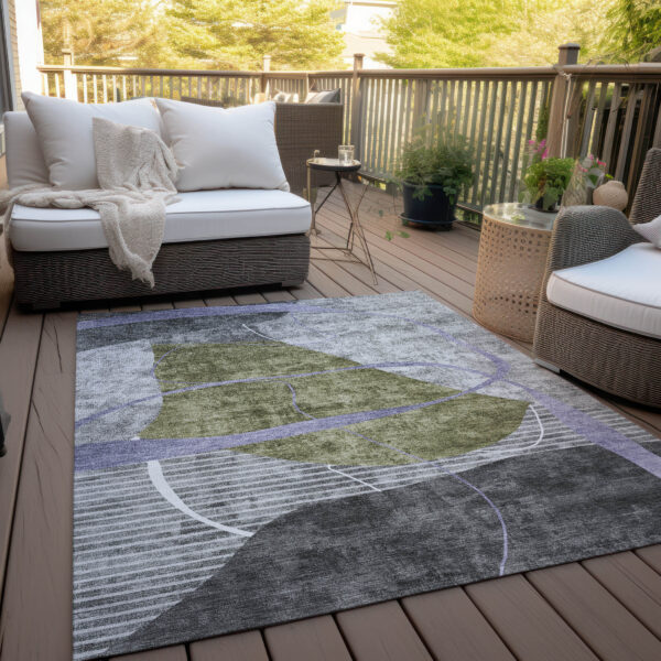 9' X 12' Olive Green Gray And Charcoal Abstract Washable Indoor Outdoor Area Rug