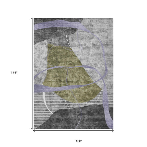 9' X 12' Olive Green Gray And Charcoal Abstract Washable Indoor Outdoor Area Rug