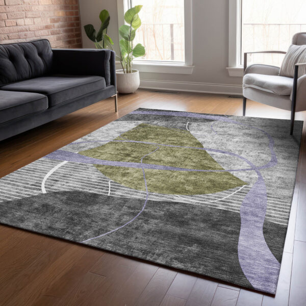 9' X 12' Olive Green Gray And Charcoal Abstract Washable Indoor Outdoor Area Rug