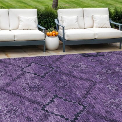 10' X 14' Eggplant Purple And Plum Floral Washable Indoor Outdoor Area Rug