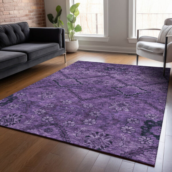 10' X 14' Eggplant Purple And Plum Floral Washable Indoor Outdoor Area Rug