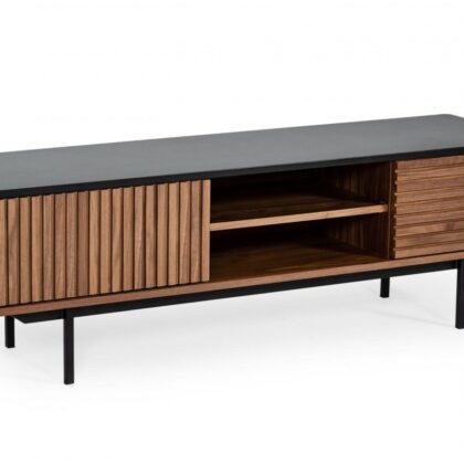 63" Walnut And Gray Wood Open And Enclosed Storage TV Stand
