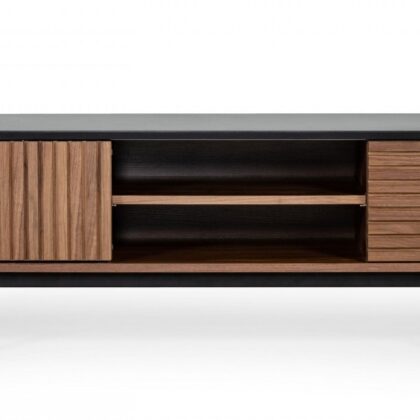 63" Walnut And Gray Wood Open And Enclosed Storage TV Stand