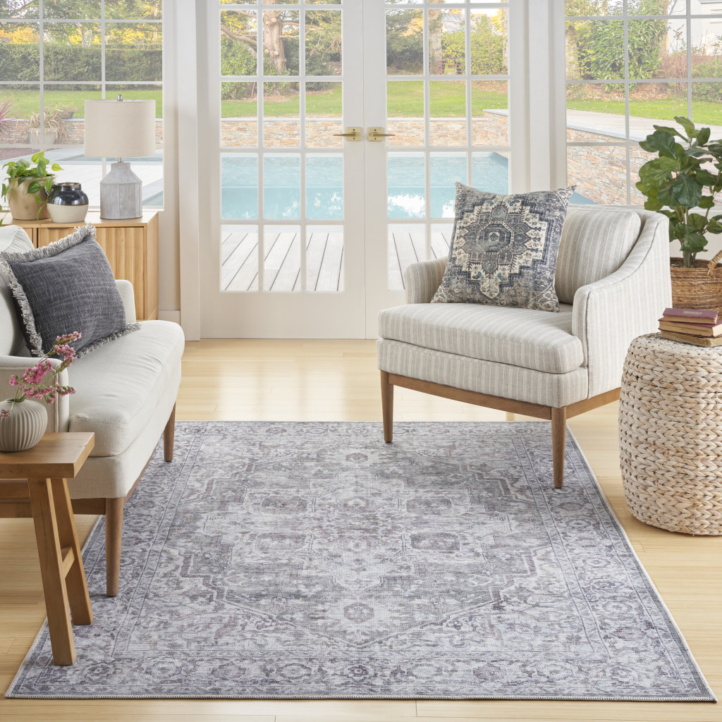6' X 9' Blue And Pink Floral Power Loom Distressed Washable Area Rug - Image 2
