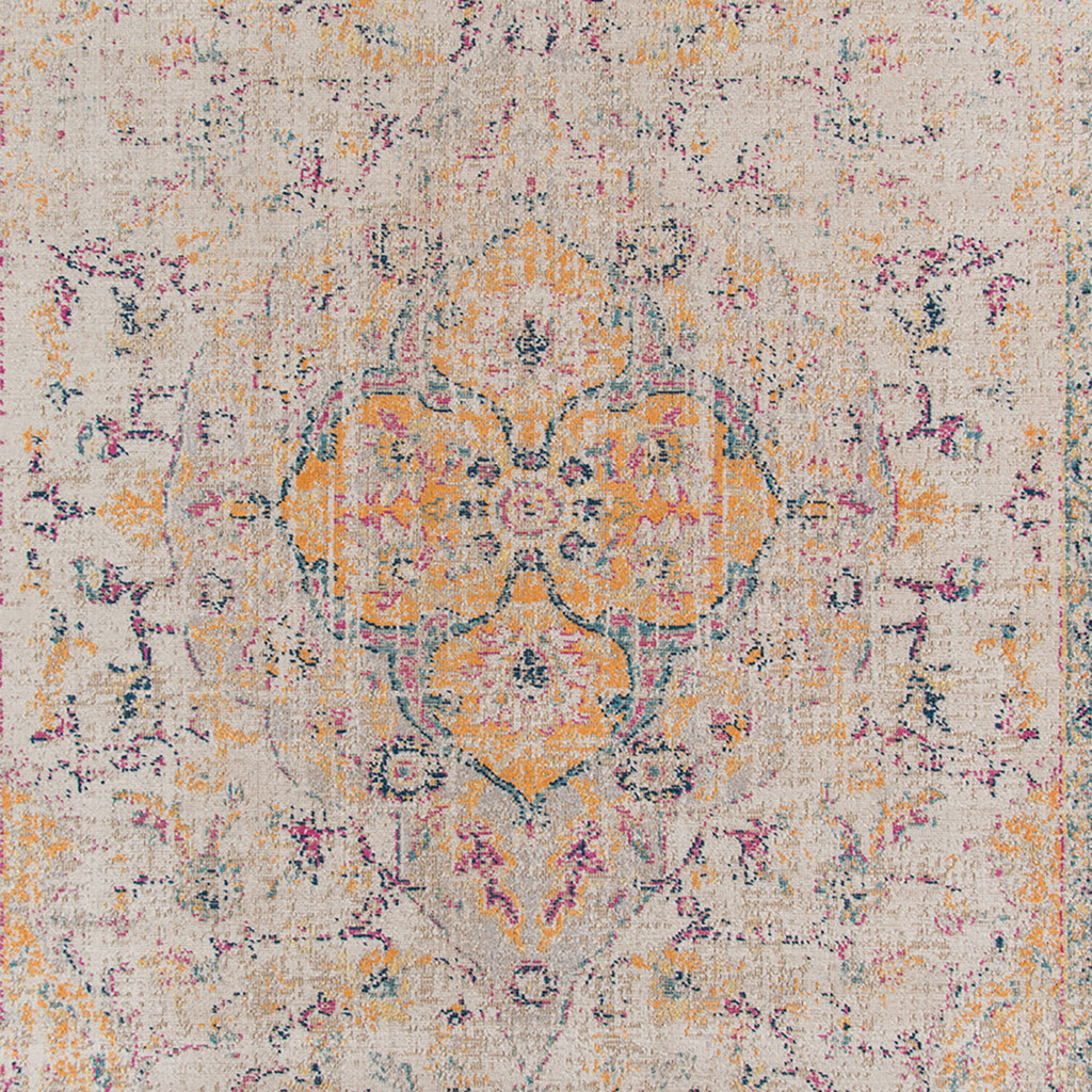 7' x 9' Yellow and Ivory Oriental Power Loom Distressed Area Rug - Image 2