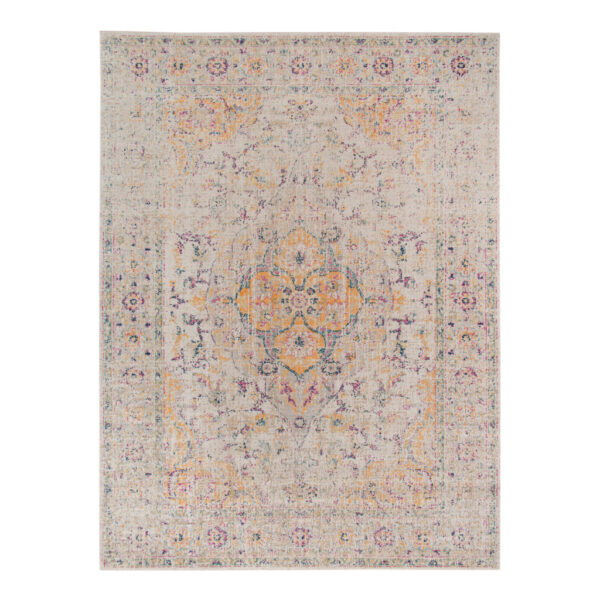 7' x 9' Yellow and Ivory Oriental Power Loom Distressed Area Rug