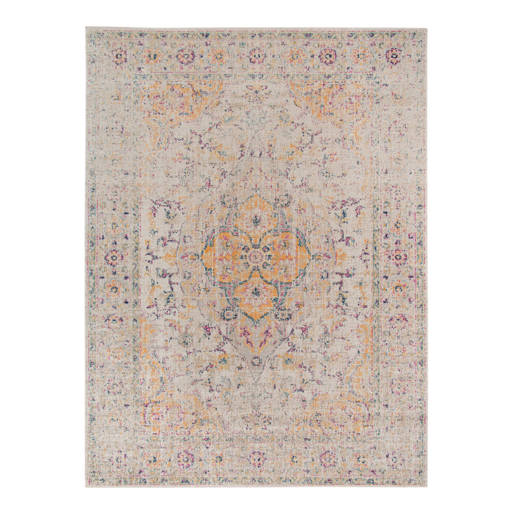 7' x 9' Yellow and Ivory Oriental Power Loom Distressed Area Rug - Image 3