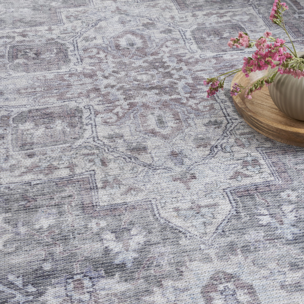 6' X 9' Blue And Pink Floral Power Loom Distressed Washable Area Rug - Image 9