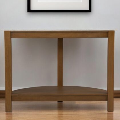 42" White and Natural Faux Marble Half Circle Three Leg Console Table With Shelves