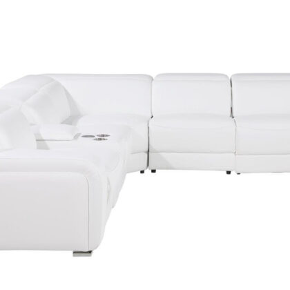 White Italian Leather Power Reclining Curved Six Piece Corner Sectional With Console