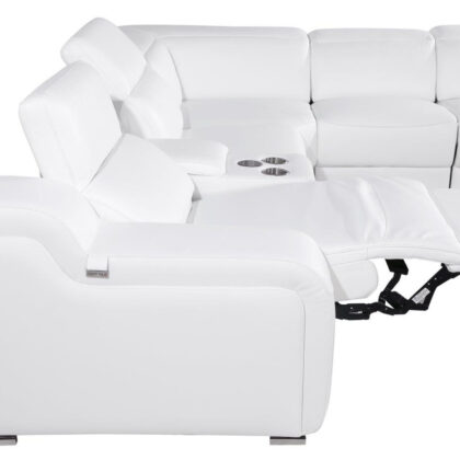 White Italian Leather Power Reclining Curved Six Piece Corner Sectional With Console