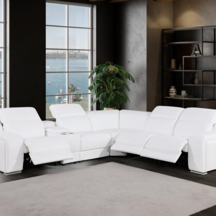 White Italian Leather Power Reclining Curved Six Piece Corner Sectional With Console