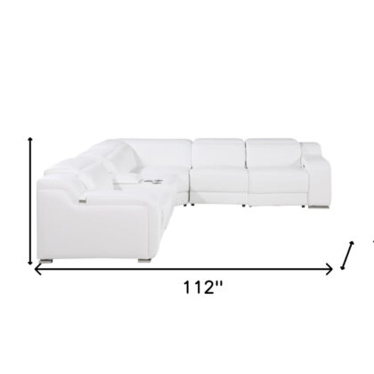 White Italian Leather Power Reclining Curved Six Piece Corner Sectional With Console