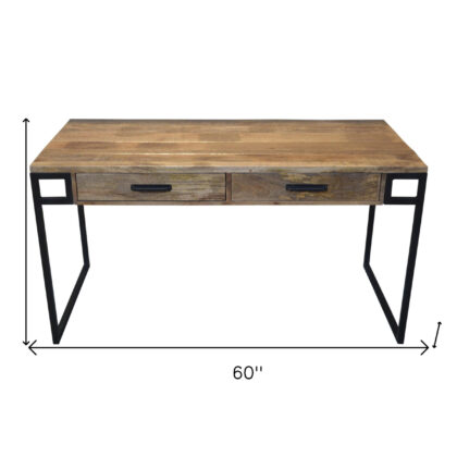 60" Natural and Black Solid Wood Writing Desk With Two Drawers