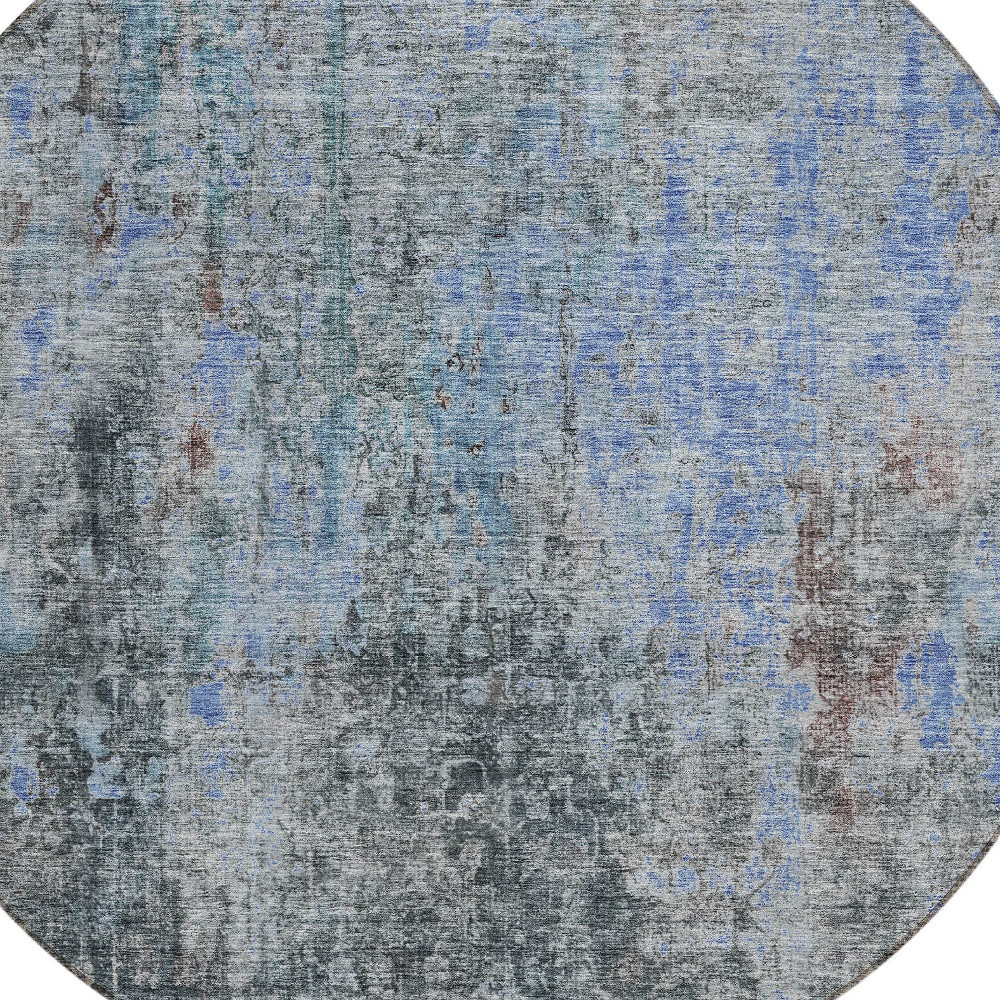 8' Gray Charcoal And Blue Round Abstract Washable Indoor Outdoor Area Rug - Image 3