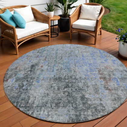 8' Gray Charcoal And Blue Round Abstract Washable Indoor Outdoor Area Rug