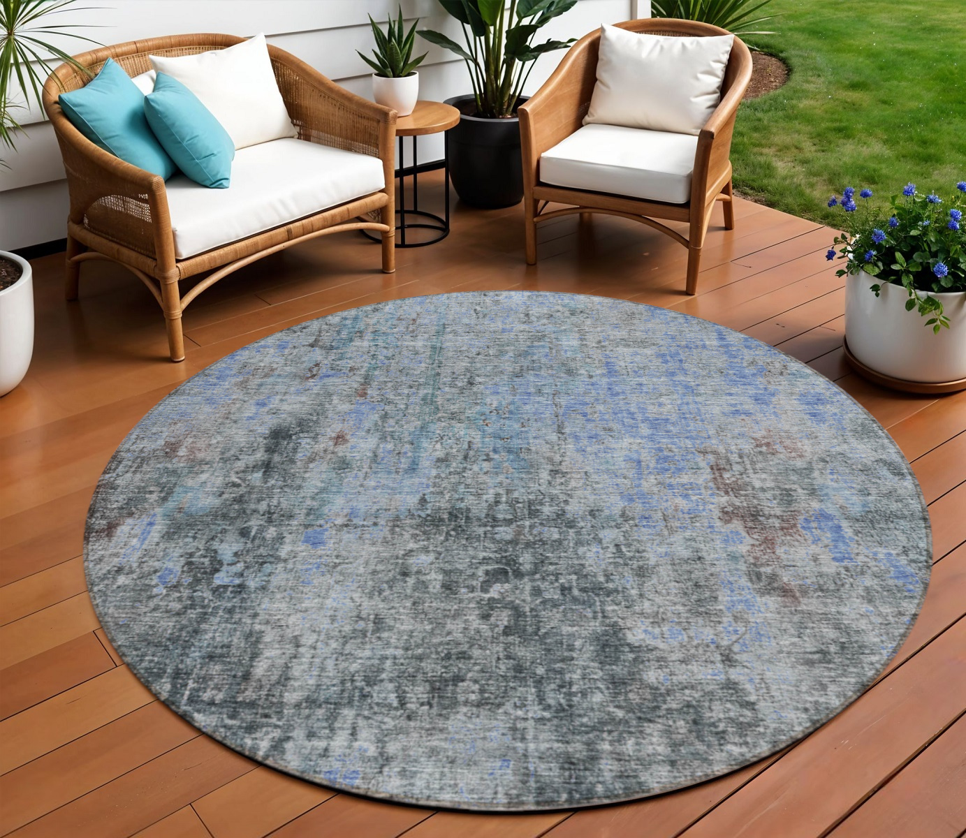 8' Gray Charcoal And Blue Round Abstract Washable Indoor Outdoor Area Rug - Image 4
