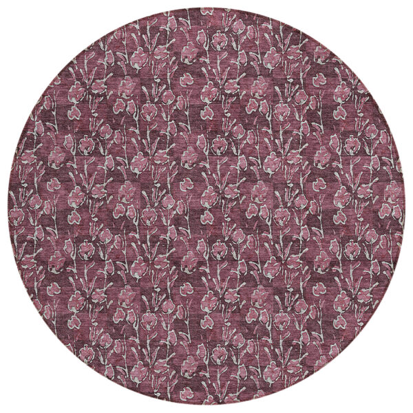 8' Merlot Mauve And Ivory Round Floral Washable Indoor Outdoor Area Rug