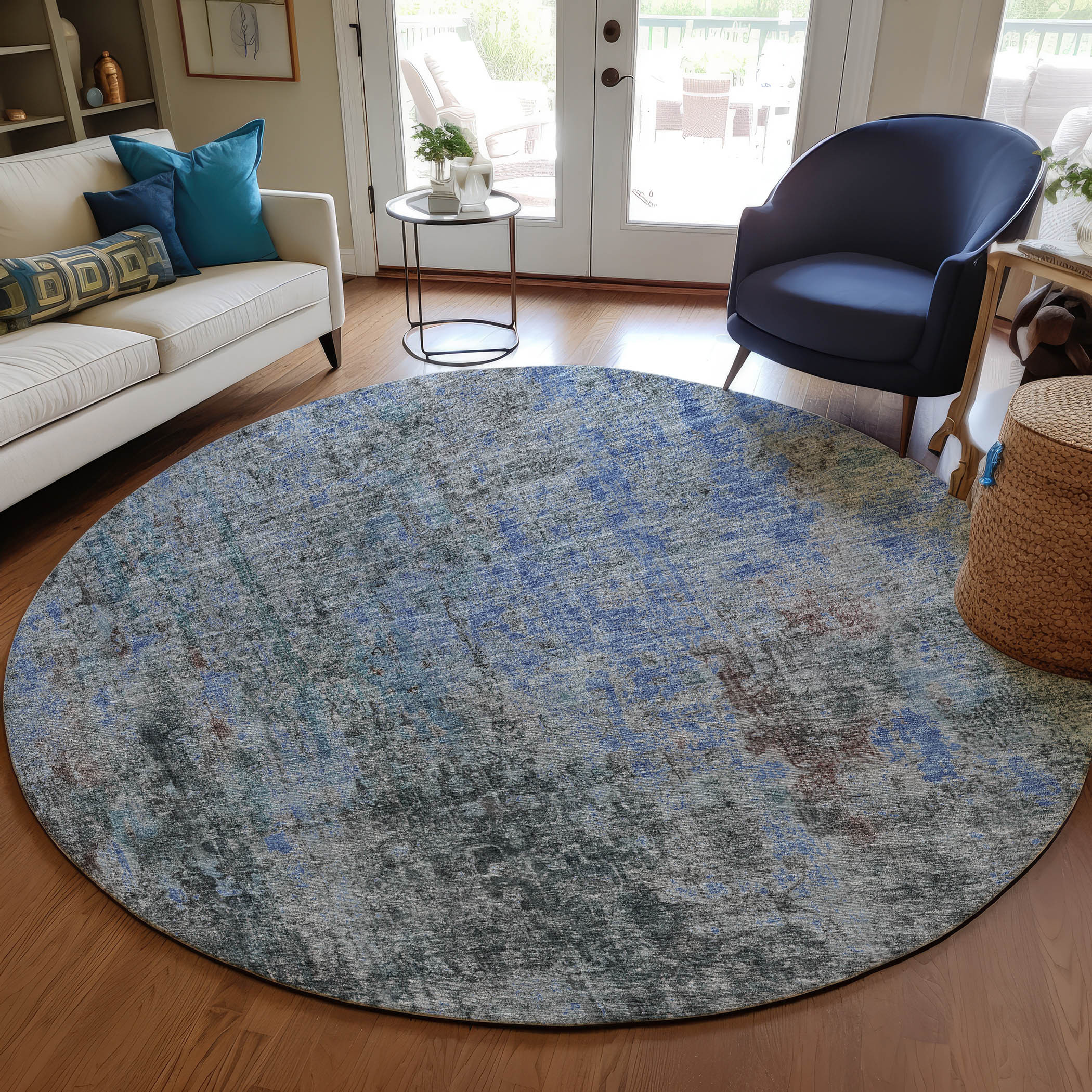 8' Gray Charcoal And Blue Round Abstract Washable Indoor Outdoor Area Rug - Image 5