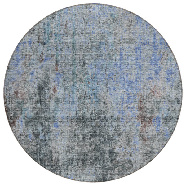 8' Gray Charcoal And Blue Round Abstract Washable Indoor Outdoor Area Rug