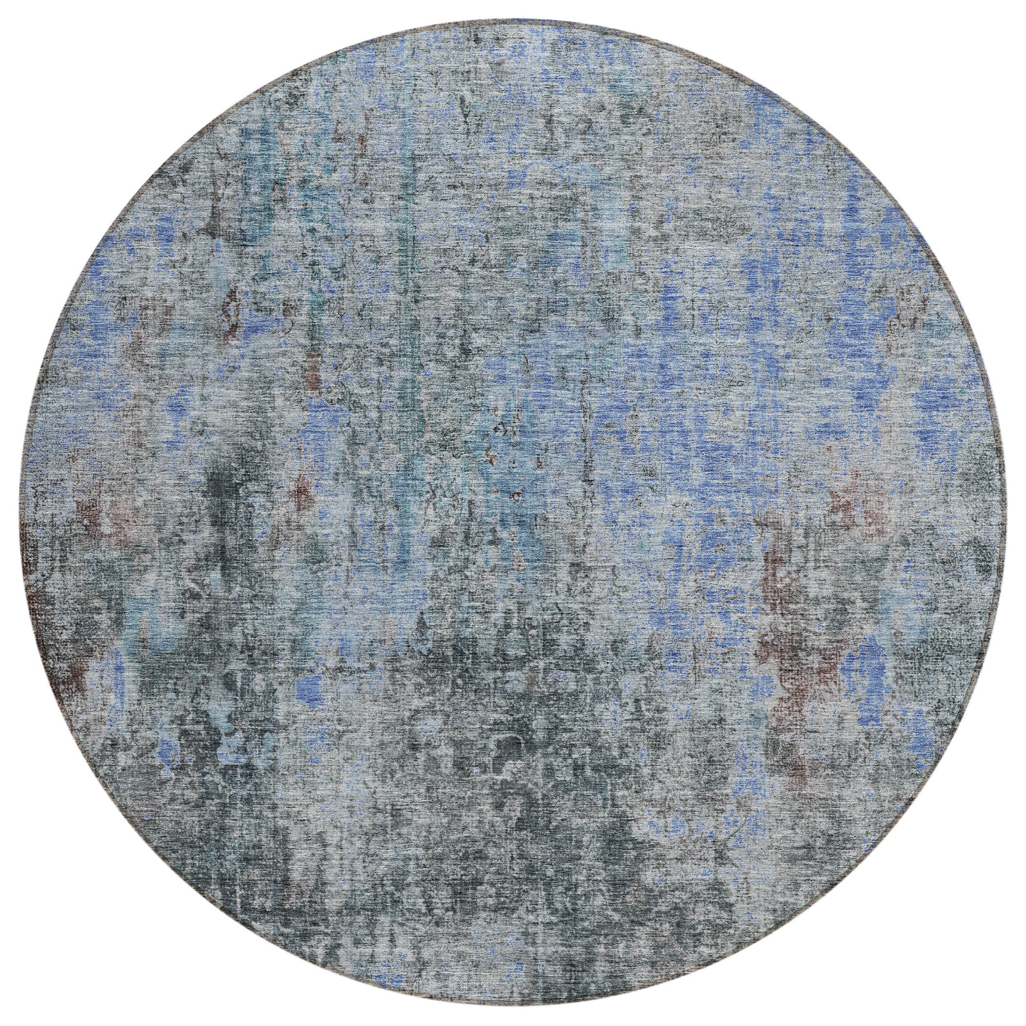 8' Gray Charcoal And Blue Round Abstract Washable Indoor Outdoor Area Rug - Image 6
