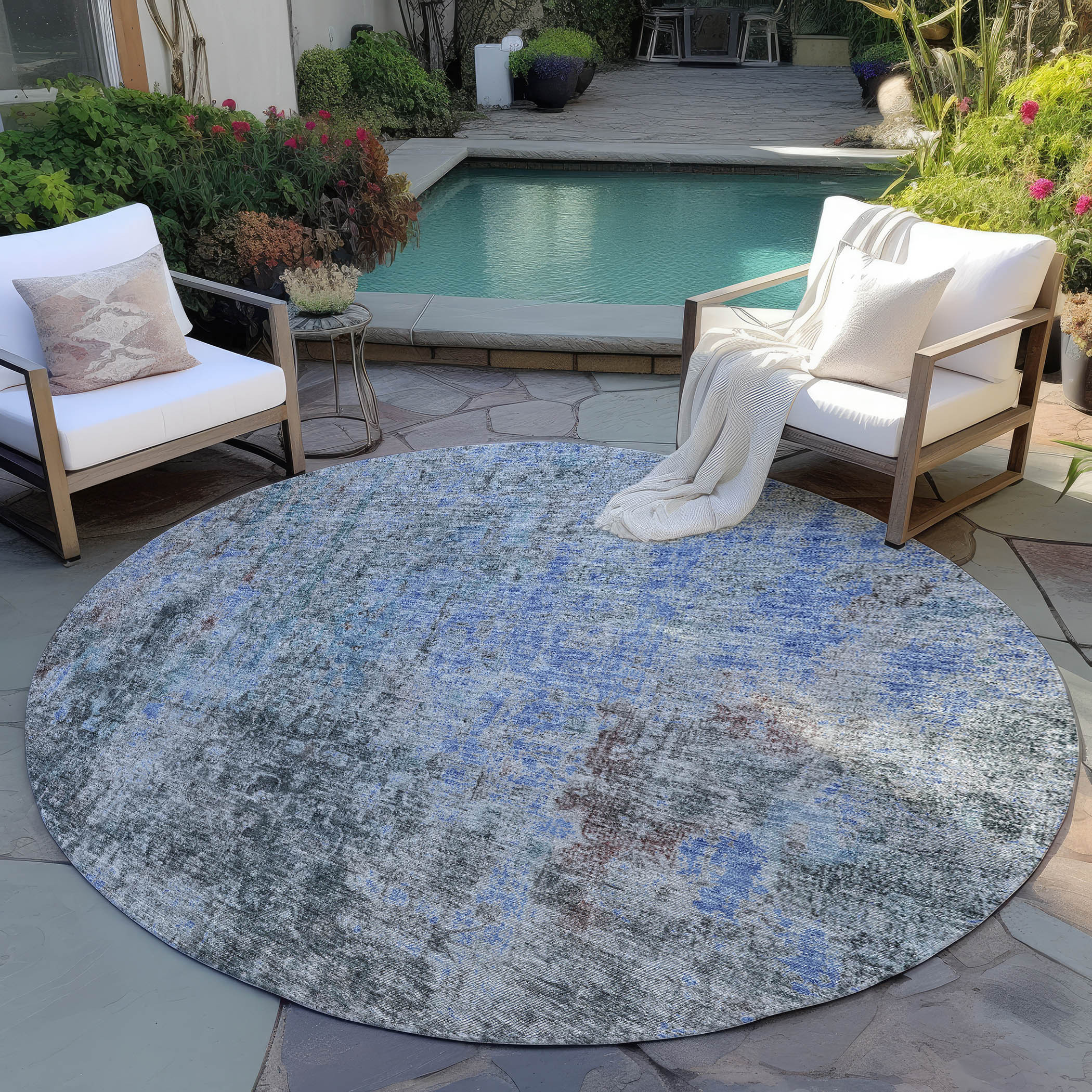 8' Gray Charcoal And Blue Round Abstract Washable Indoor Outdoor Area Rug - Image 7