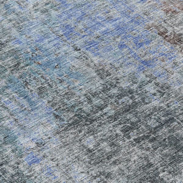 8' Gray Charcoal And Blue Round Abstract Washable Indoor Outdoor Area Rug