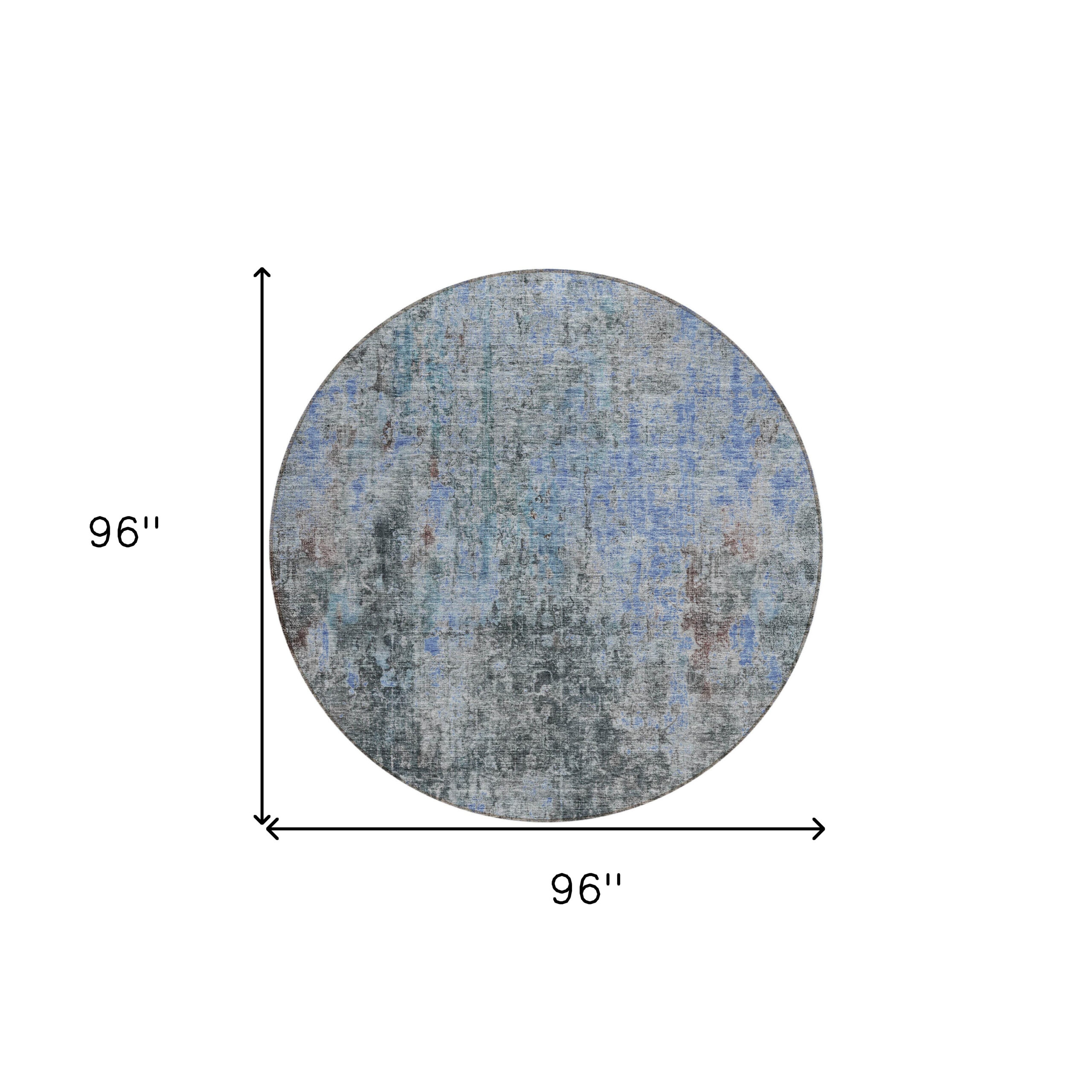 8' Gray Charcoal And Blue Round Abstract Washable Indoor Outdoor Area Rug - Image 9