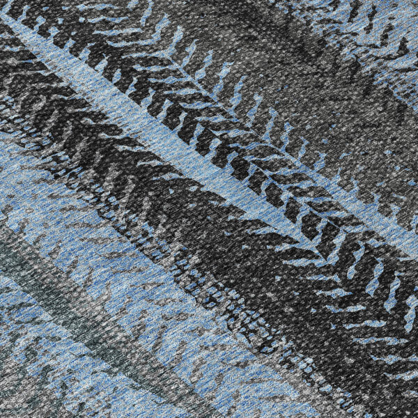 10' X 14' Blue Gray And Charcoal Botanical Leaves Washable Indoor Outdoor Area Rug