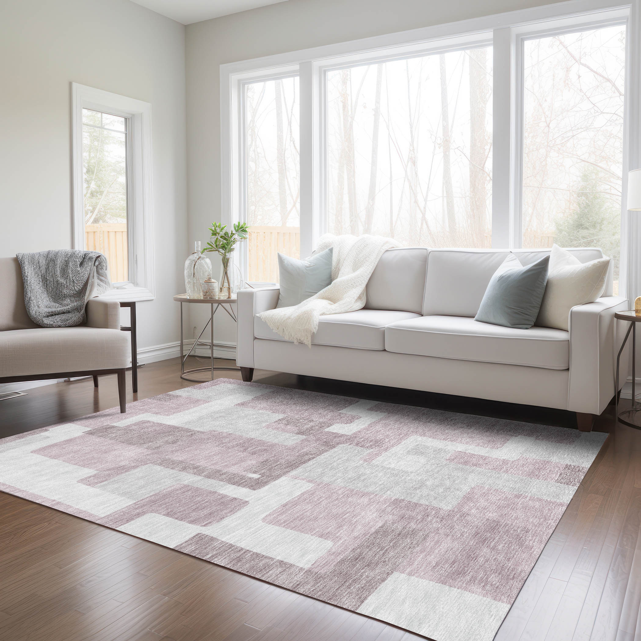 3' X 5' Blush Gray And Ivory Abstract Washable Indoor Outdoor Area Rug - Image 3