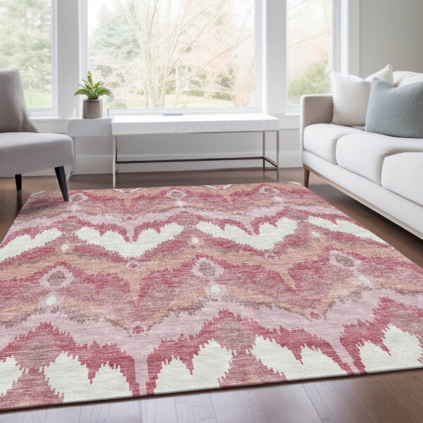 5' X 8' Blush Mauve And Ivory Ikat Washable Indoor Outdoor Area Rug