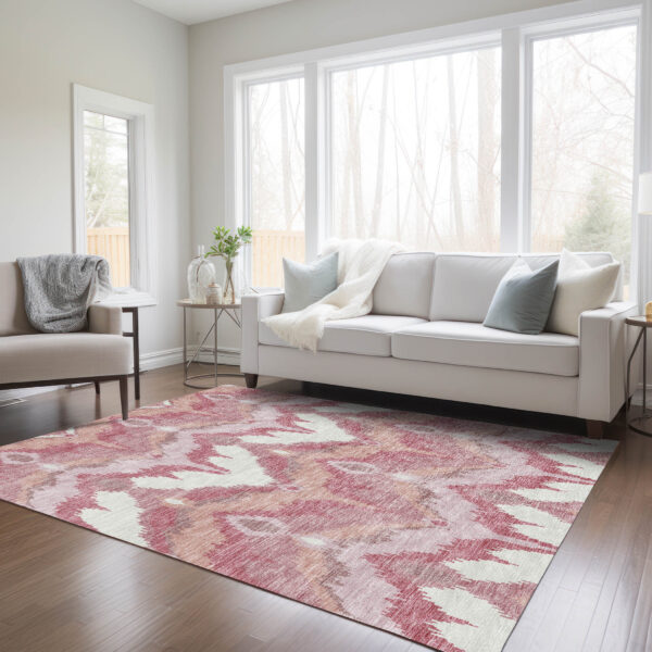 5' X 8' Blush Mauve And Ivory Ikat Washable Indoor Outdoor Area Rug