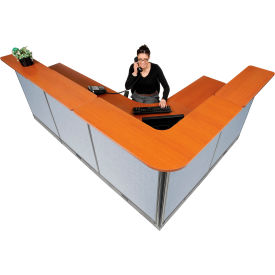 Interion® L-Shaped Electric Reception Station 116""W x 80""D x 46""H Cherry Counter Blue Panel