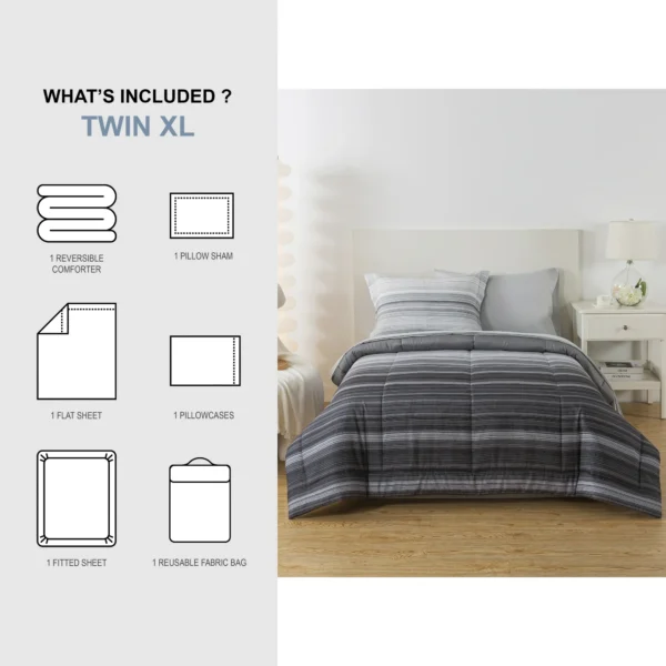 Bedding — Mainstays All in One Reversible Comforter and Sheet Set, 5 Piece, Twin, Gray Stripe