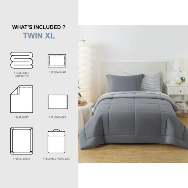 Mainstays All in One Reversible Comforter and Sheet Set, 5 Piece, Twin, Gray