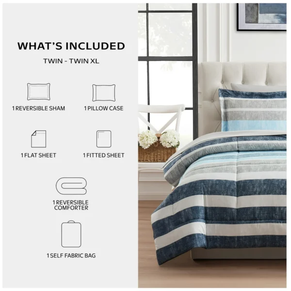 Mainstays All in One Reversible Comforter and Sheet Set, 5 Piece, Twin, Blue Stripe