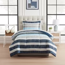 Mainstays All in One Reversible Comforter and Sheet Set, 5 Piece, Twin, Blue Stripe