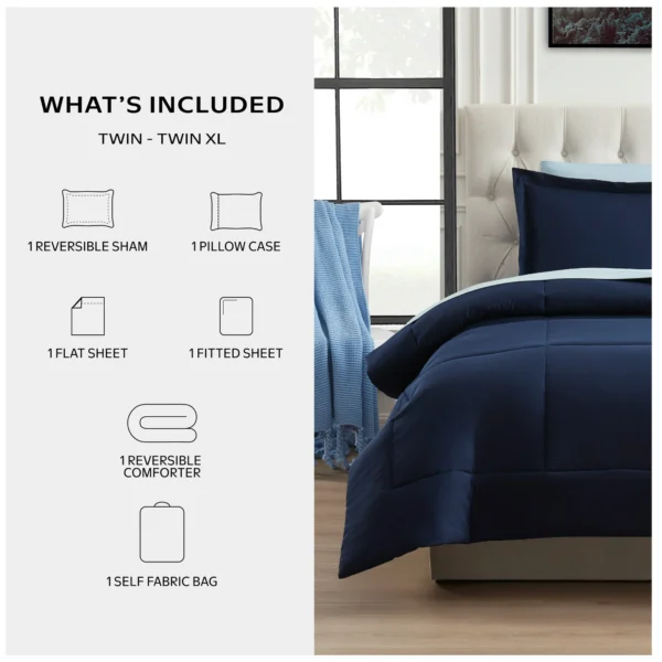 Mainstays All in One Reversible Comforter and Sheet Set, 5 Piece, Twin, Navy