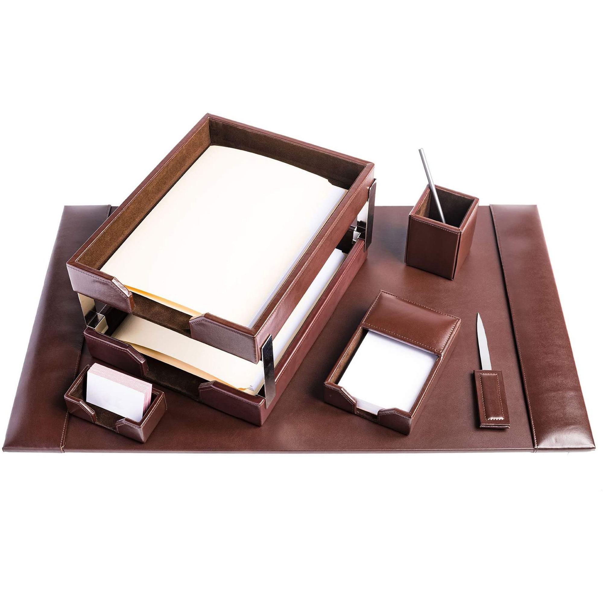 Dacasso 8-Piece Econo-Line Desk Set - Bonded Brown Leather