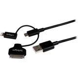 Startechcom 1m (3 Ft) Black Apple 8-Pin Lightning or 30-Pin Dock Connector or Micro Usb to Usb Combo Cable for Iphone Ipod Ipad