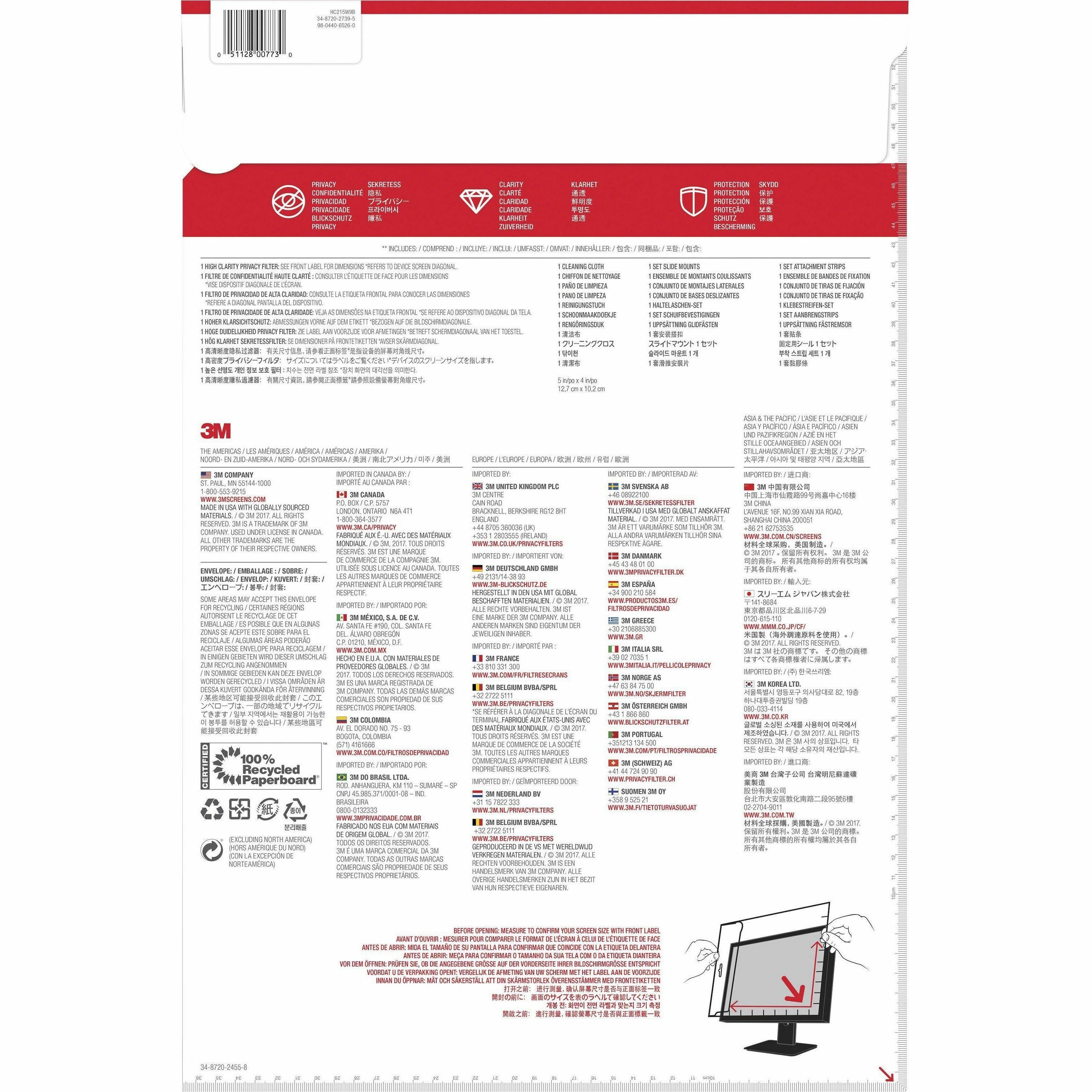 3m&Trade High Clarity Privacy Filter for 215in Monitor 169 Hc215w9b