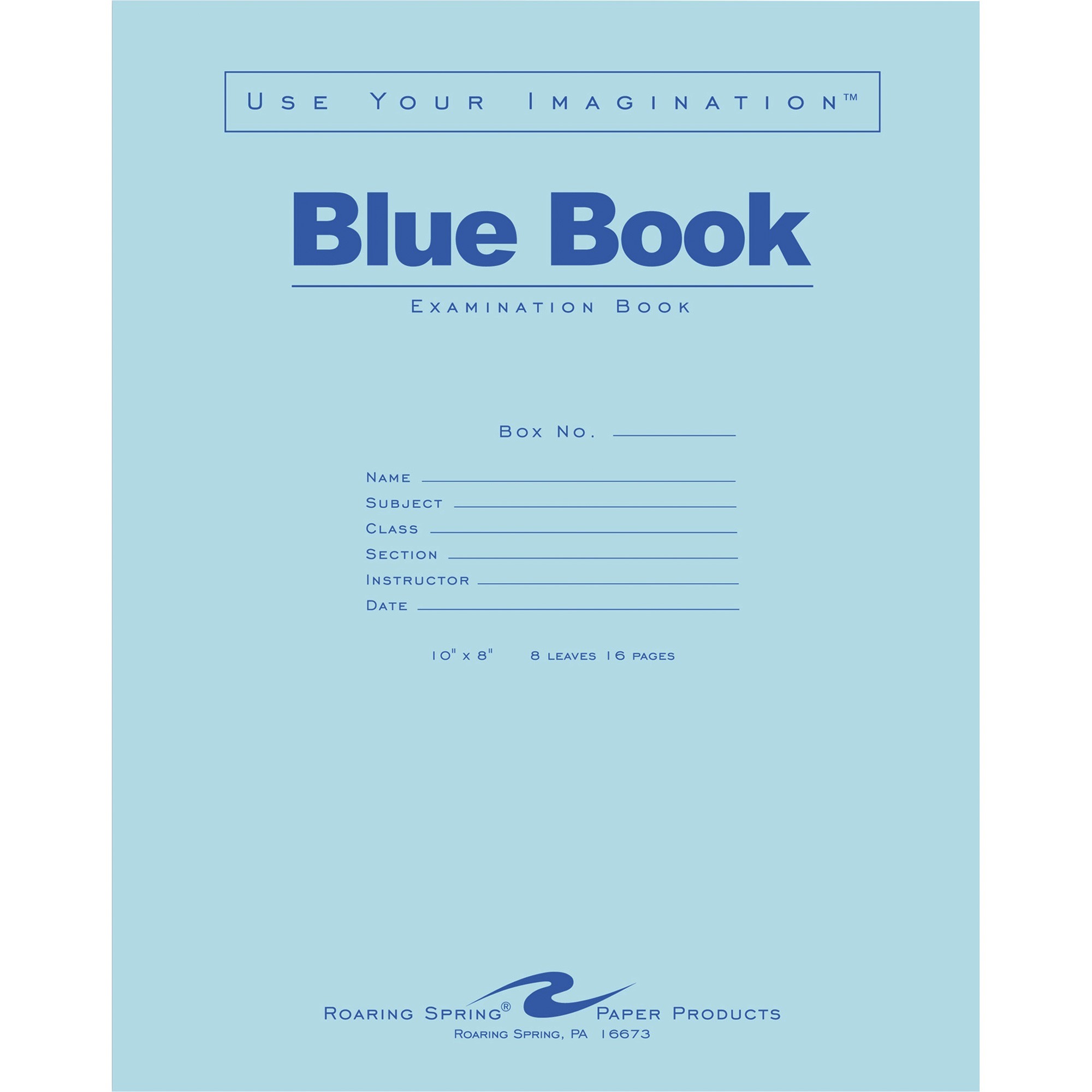Roaring Spring Case of 500 Exam Books 10x8 8 Sheets16 Pages of 15 Smooth White Paper Wide Ruled W Margin Heavy Blue Cover Stapled