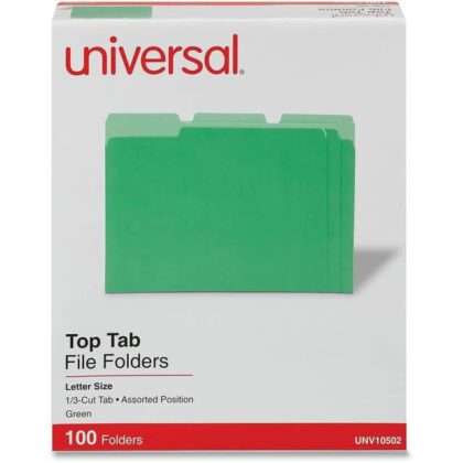 Universal 1/3-Cut Letter Top Tab File Folders, Green, 100/Box